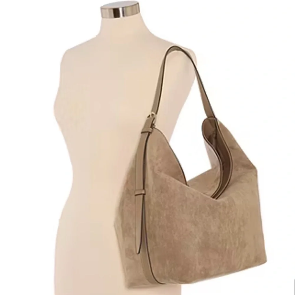 Faux Suede Hobo Shoulder Bag in Taupe